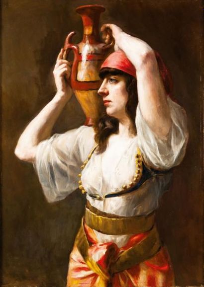 Joseph Narcisse BAUDIN (1820-1890) Jeune kabyle portant une cruche Huile sur toile,...