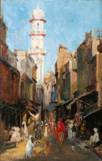 Georges LEMARE (1866-1942) Rue animée en orient Huile sur toile marouflée sur panneau,...