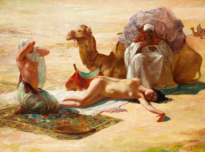 Eduard ANSEN-HOFMAN (1820-1904) Esclaves et leurs marchands dans le désert Huile...