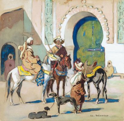 Edouard DOIGNEAU (1865-1954) Cavalier à la porte de la Kasbah Gouache sur papier,...