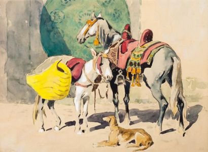 Edouard DOIGNEAU (1865-1954) Cheval, âne et sloughi à la fontaine Gouache sur papier...