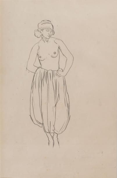 Jacques MAJORELLE (1886-1962) Jeune femme debout au torse nu Crayon et fusain, signé...