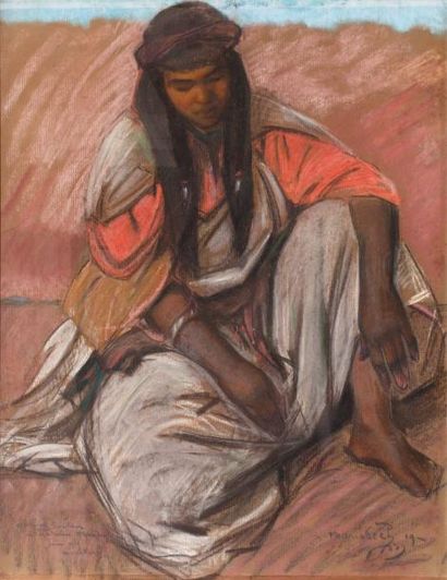 Jacques MAJORELLE (1886-1962) Jeune marocaine assise, 1919 Pastel et fusain, monogrammé...
