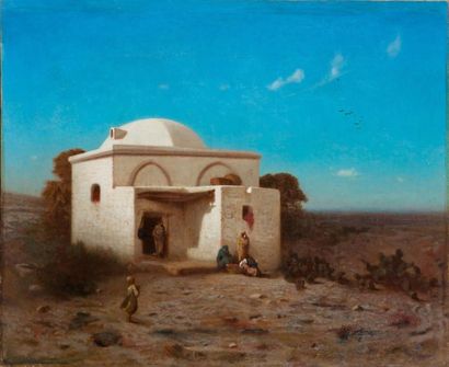 Ecole orientaliste du milieu du XIXème siècle Repos devant la Koubba Huile sur toile....