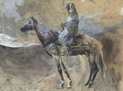 Maurice ROMBERG DE VAUCORBEIL (1861-1943) Cavalier Lavis d'encre, rehaut de gouache...