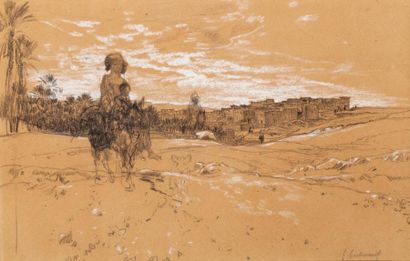 Gustave GUILLAUMET (1840-1887) Muletier devant un village Pierre noire et gouache...