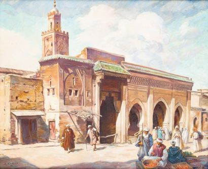 Louis ENDRES (1896-1989) Entrée de la Mosquée, Maroc Huile sur toile, signée en bas...