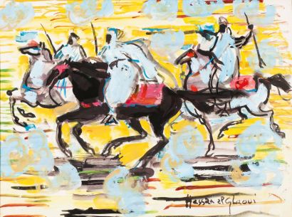 Hassan EL GLAOUI (né en 1924) Trois cavaliers sur fond jaune Gouache, signée en bas...