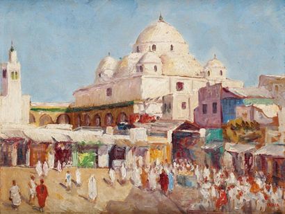 Yahia TURKI (1902-1969) Place Bab Souika, Tunis Huile sur panneau, signée en bas...