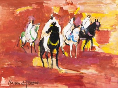Hassan EL GLAOUI (né en 1924) Quatre cavaliers sur fond rouge Gouache sur papier,...