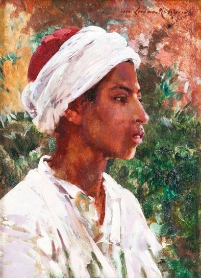 Marie LUCAS-ROBIQUET (1858 - 1959) Jeune Tunisien Huile sur panneau d'acajou (marque...