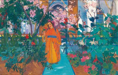 Suzanne DROUET-REVEILLAUD (1885-1970) Jeune femme au jardin, Fez Huile sur toile,...