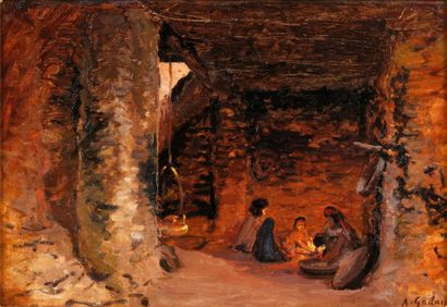Antoine GADAN (1854-1934) Famille autour du feu Huile sur toile, signée en bas à...