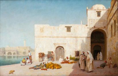 Joseph SINTES (1829-1913) Marchand de légumes sur le port d'Alger Huile sur toile,...