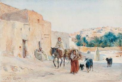 Eugène GIRARDET (1853-1907) Jeune berger dans les rues de Bou Saada Aquarelle, signée,...