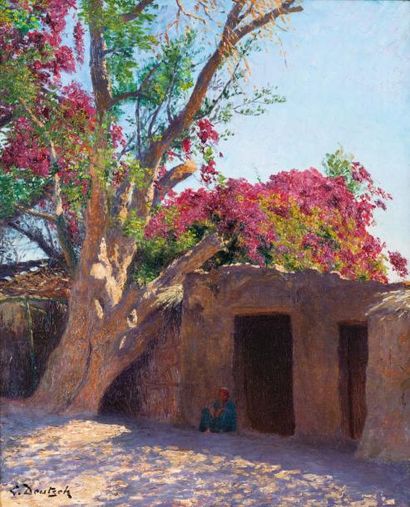 Ludwig DEUTSCH (1855-1935) Jeune égyptien à l'ombre d'un bougainvillier Huile sur...
