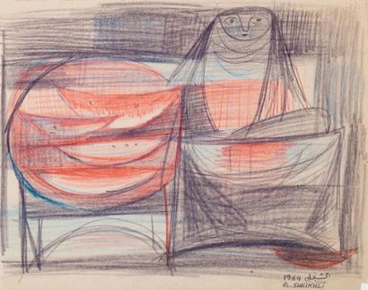 Ismael AL-SHEIKHLY (1924-2002) La marchande de pastèques, 1964 Crayon de couleurs,...