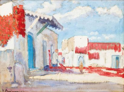 Jehan BERJONNEAU (1890-1972) Séchage des piments, Darchabane, Tunisie Huile sur toile,...