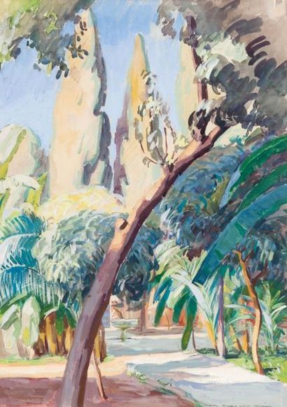 André HERVIAULT (1884-1969) Jardin de la Bahia, Marrakech, 1939 Gouache, signée,...
