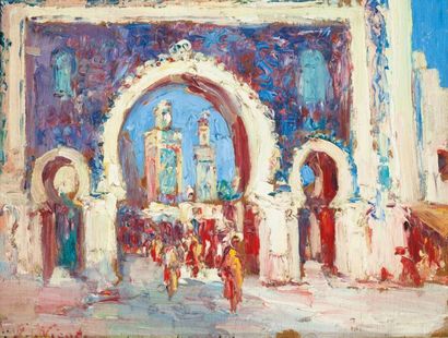 François NICOT (1873-1945) Porte au Maroc Huile sur panneau, signée en bas à gauche....