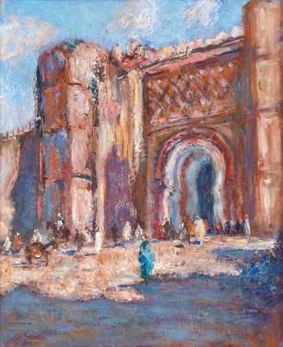 Eddine Sahraoui SCHEMS (né en 1948) Porte au Maroc Huile sur toile marouflée sur...