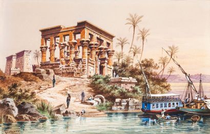 Friedrich PERLBERG (1848-1921) Bateaux sur le Nil devant un temple Aquarelle, signée...