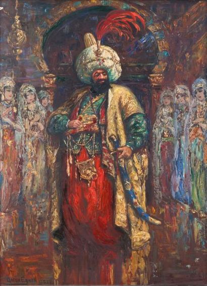Allan EGNELL (1884-1960) Le Sultan au harem Huile sur panneau, signée en bas à gauche....