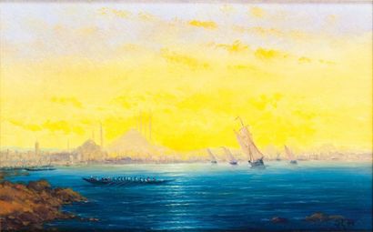 Jacques ROUX (XXème siècle) Caïques et bateaux à voile sur le Bosphore Huile sur...