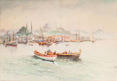 J.PAVLEKEVICH (XIX-XX) Pêcheurs à la Corne d'Or Aquarelle, signée en bas à gauche,...