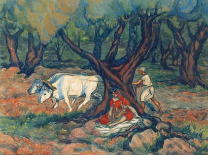 Paul CIROU (1869-1951) Sous les oliviers, Algérie Aquarelle et gouache, signée en...