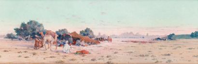 Eugène DESHAYES (1862-1939) Campement, environs de Kairouan. Huile sur toile, signée...