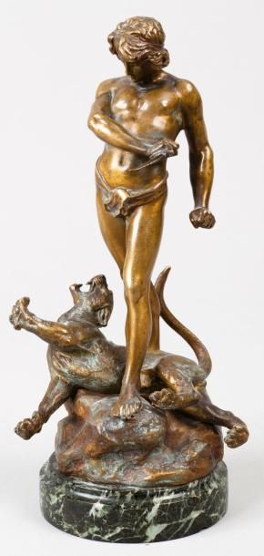 D'après Loys POTET (1866-?) Le vainqueur du lion Epreuve en bronze à patine médaille,...