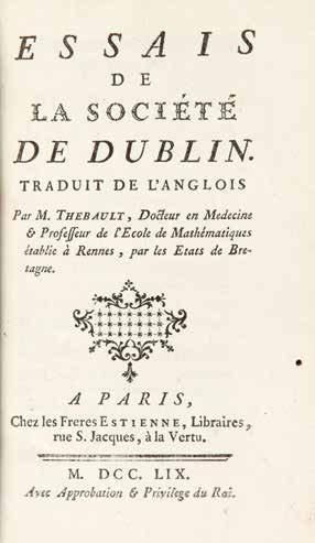 Thébault Essais de la société de Dublin. Paris, Estienne, 1759, in-12 relié plein...