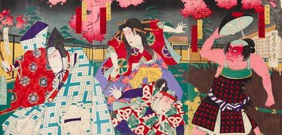 CHIKANOBU, KUNIMASA Deux tryptiques d'acteurs en buste. Japon, fin XIXe siècle