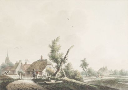 Nicolas WICART (1748-1815) Vue d'un village en Flandres Deux aquarelles, signée en...