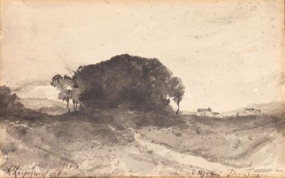 Henri Joseph HARPIGNIÈS (1819-1916) Chemin et bosquet Aquarelle, signée et datée...