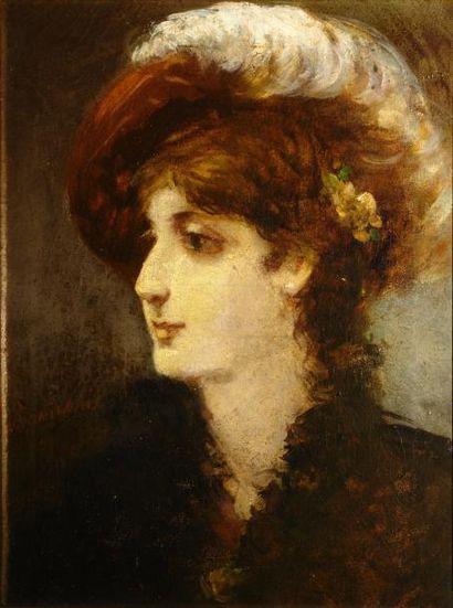 Ecole Française de la moitié du XIXème siècle Portrait de femme au chapeau à plumes...