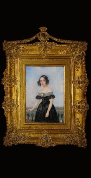 Pierre Paul de POMMAYRAC (1807-1880) Jeune femme en robe noire à son balcon MINIATURE...