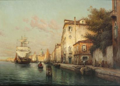 Eloi Noël BOUVARD (1815-1957) Trois-Mats et voiliers amarrés à Venise Huile sur toile,...