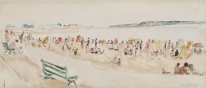 Henri LEBASQUE (1865-1937) La plage Aquarelle, signée en bas à droite. 11 x 26,5...