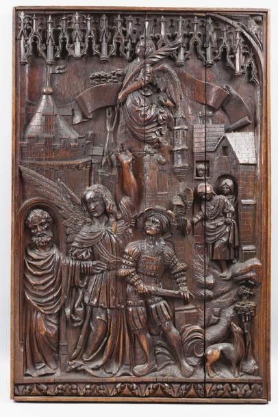null PANNEAU en chêne sculpté en bas-relief représentant un Saint Personnage recevant...