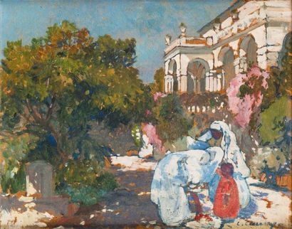 Léon CAUVY (1874-1933) Femmes dans les jardins de la villa Abd-El-Tif à Alger Huile...