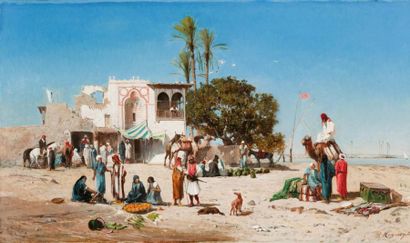 Victor HUGUET (1835-1902) Marché au bord du Nil, 1860 Huile sur toile, signée et...