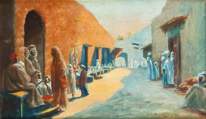 Vincent MANAGO (1880- 1936) Rue animée, Algérie Huile sur toile, signée en bas à...