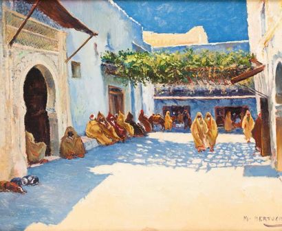 Mariano BERTUCHI (1885-1955) Quartier de Tétouan Huile sur panneau, signée en bas...