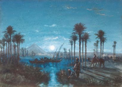 Paul PASCAL (1867-?) Porteuses d'eau au bord du Nil au Crépuscule Gouache, signée...