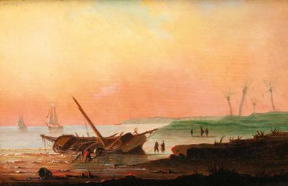 Henriette GUDIN (1825-1876) Bateaux échoués sur la côte Algéroise Huile sur panneau,...