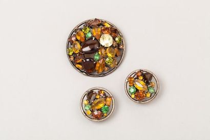 ANONYME Broche en métal argenté serti de strass multicolores, clips d'oreilles à...