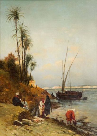 Salomon Herman CORRODI (1844-1905) Scène animée au bord du Nil Huile sur toile marouflée...