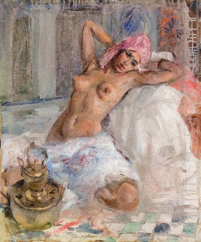 Henri PONTOY (1888-1968) Jeune femme alanguie Huile sur toile. Au dos : «homme à...